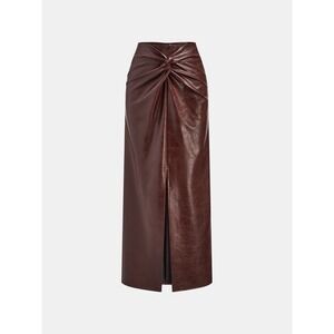 Commense Burgundy Faux Leather Twist Front Midi Skirt High Waist Slit Brown M